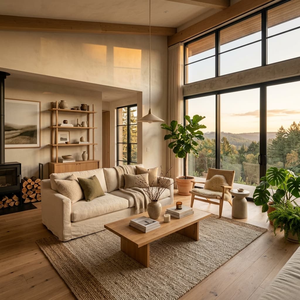 Airbnb living room with warm natural lighting