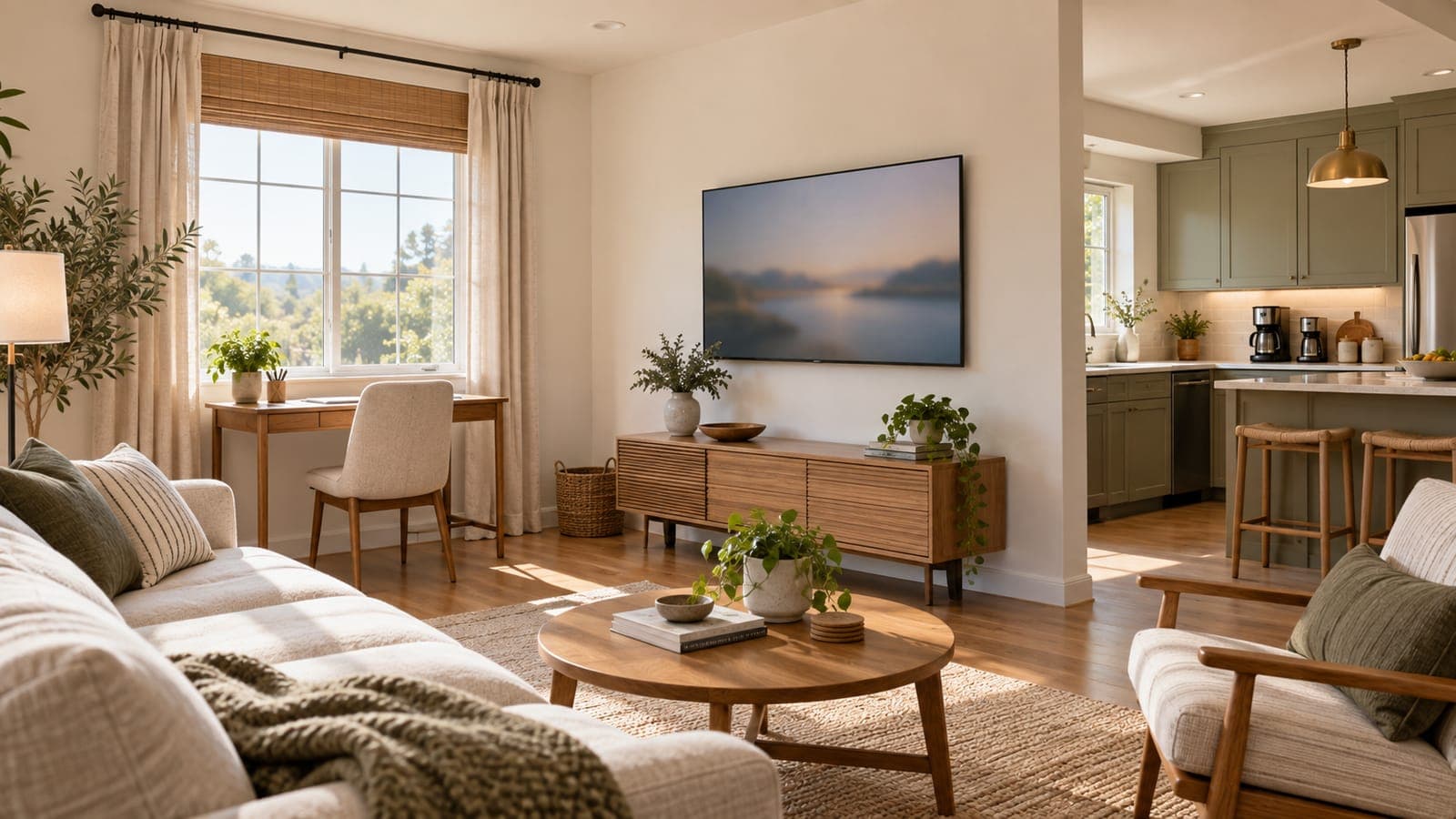 Rental living area showing workspace, smart TV, and coffee station amenities