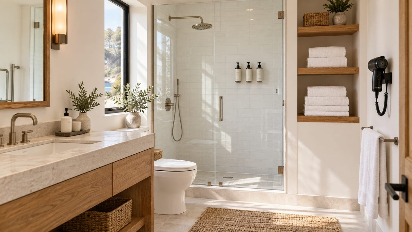 Spa-style rental bathroom with white towels and wall-mounted dispensers