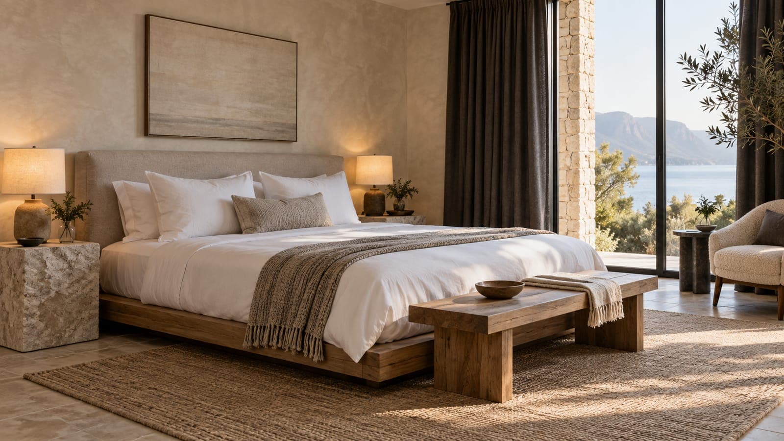 Hotel-style rental bedroom with white linens and blackout curtains