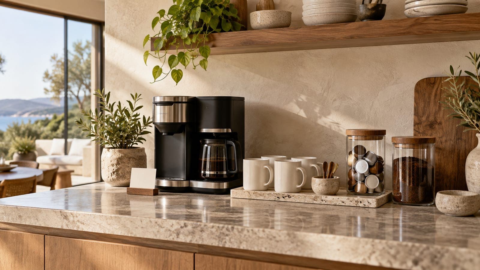 Rental coffee station with a dual-format coffee maker, mugs, and labeled pod jars