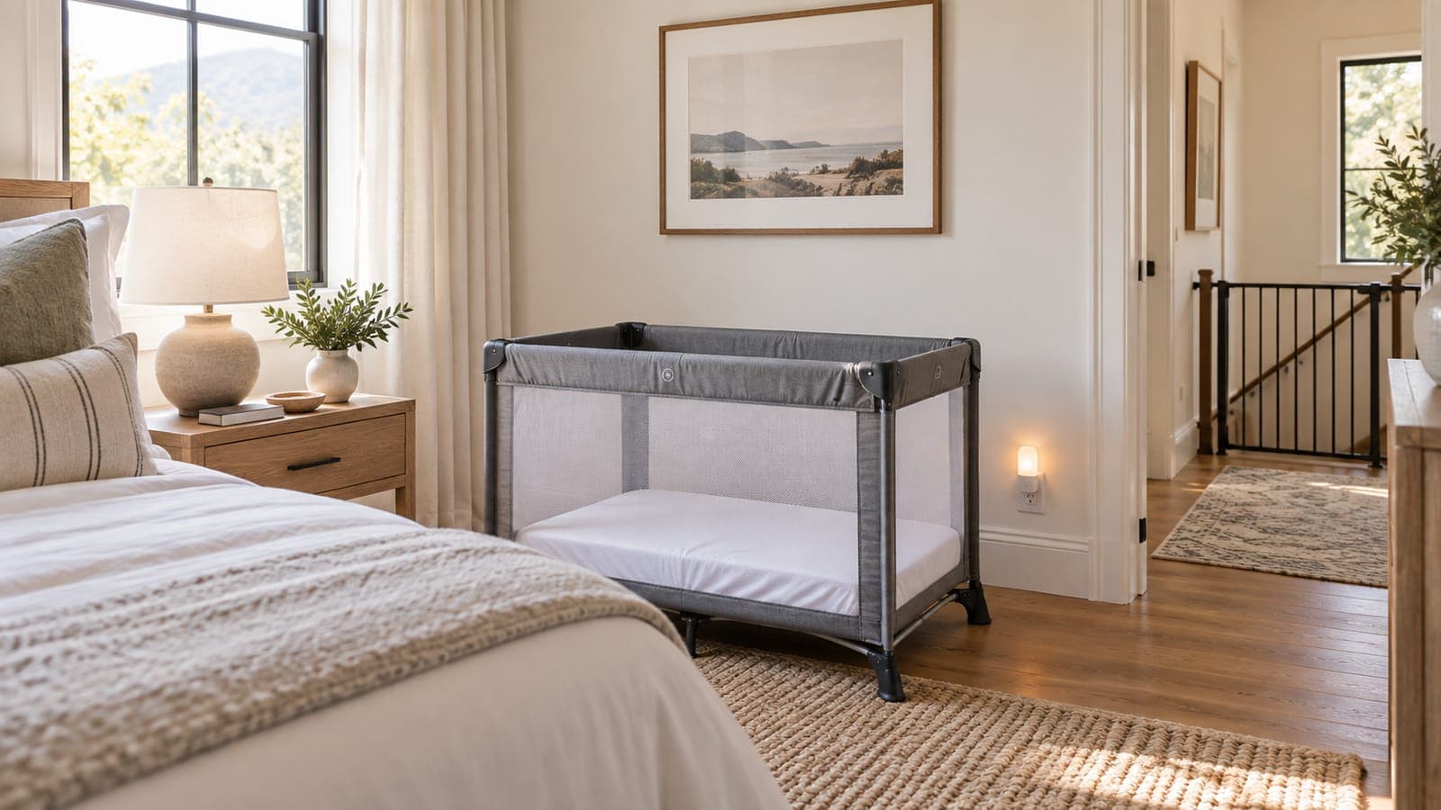 Rental bedroom corner with a travel crib made up with a fitted sheet