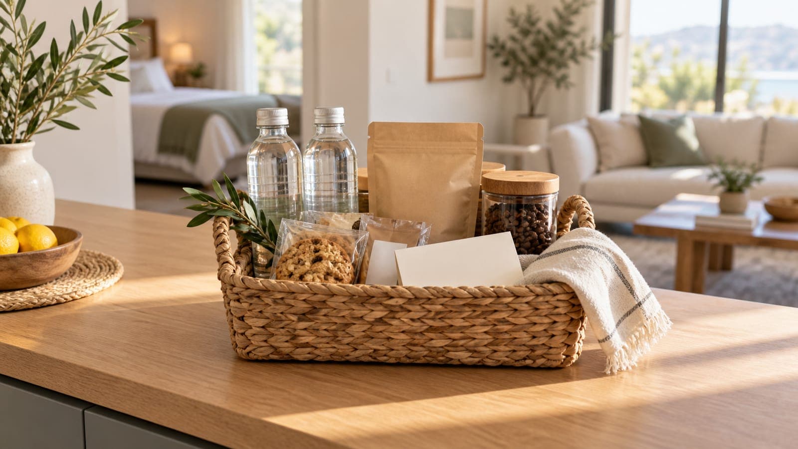 Welcome basket with snacks and bottled water on a rental kitchen counter