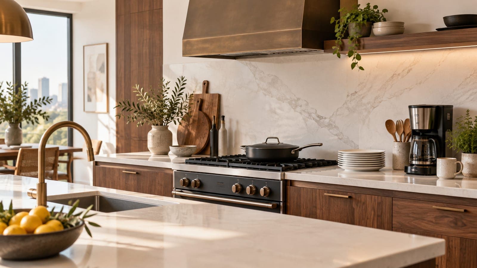 Fully stocked rental kitchen with cookware, dinnerware, and coffee maker