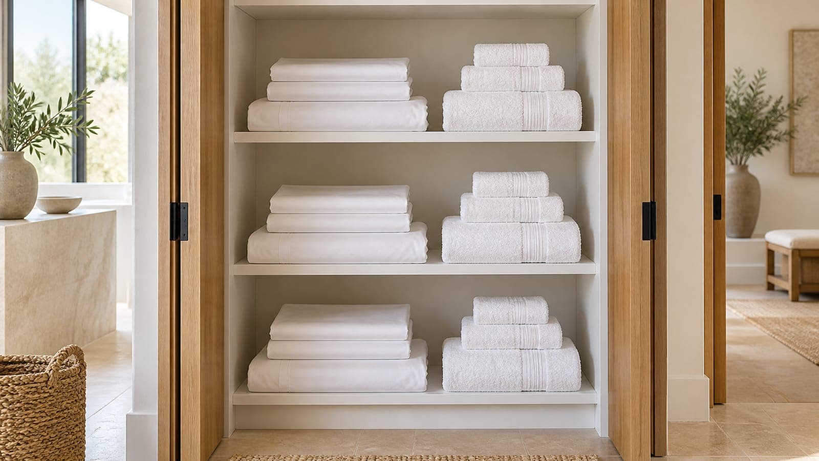 Three stacked sets of white sheets and towels on a linen shelf