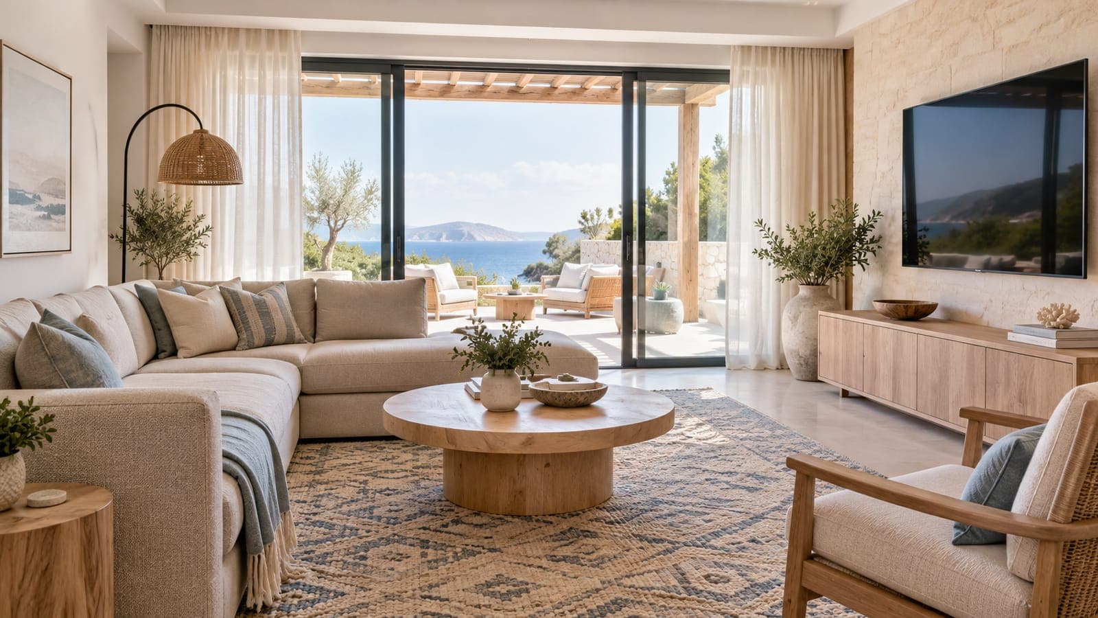 Rental living room with a neutral sofa, washable rug, and mounted TV