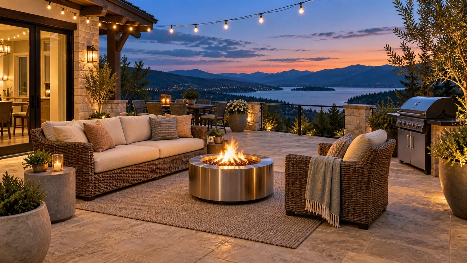 Rental patio at dusk with string lights, wicker seating, and a fire pit