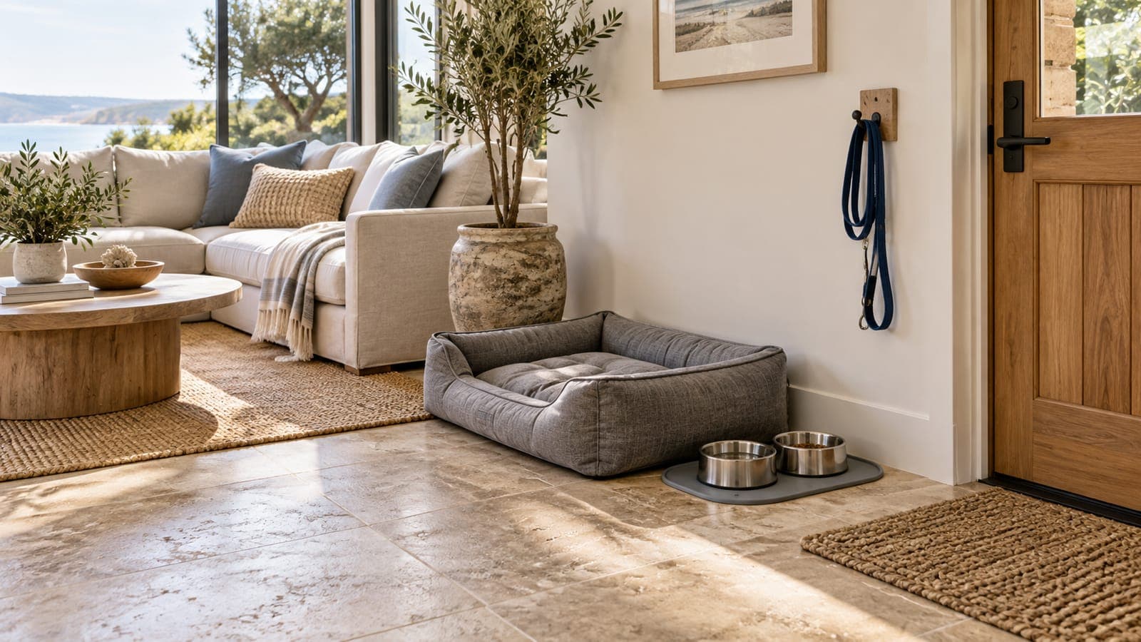 Washable dog bed and stainless bowls on a mat in a rental living room