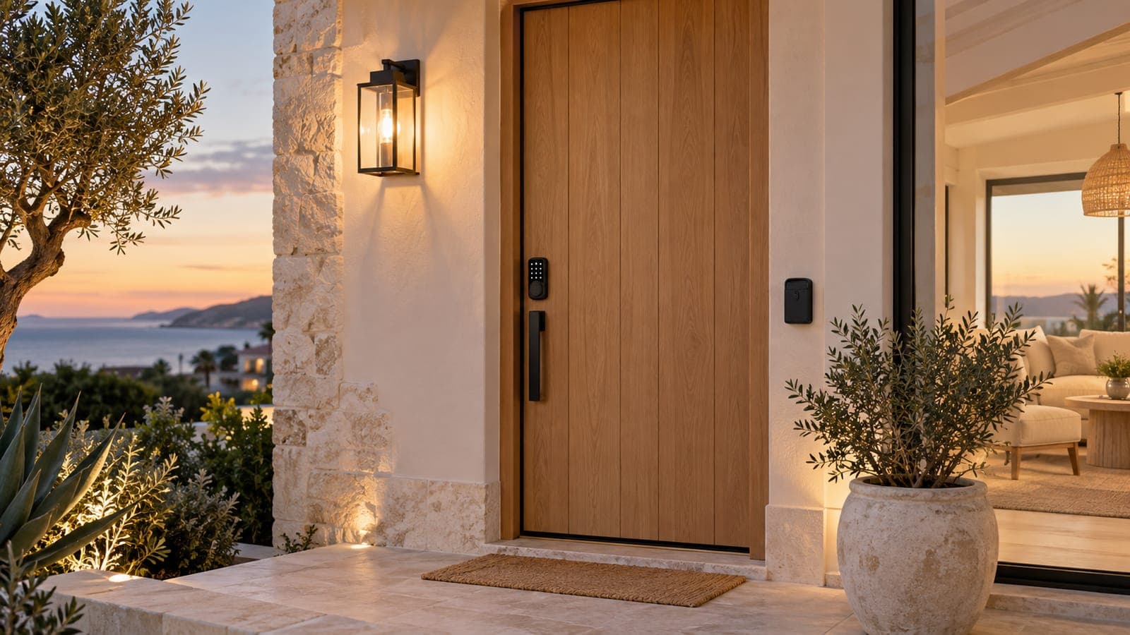 Front door of a rental with a keypad smart lock and a lit porch light