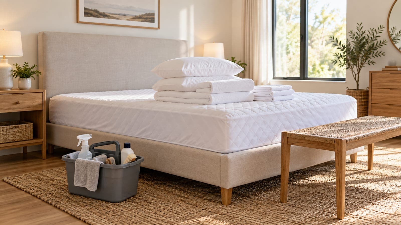 Cleaner's caddy and folded white linens on a stripped bed during a rental turnover