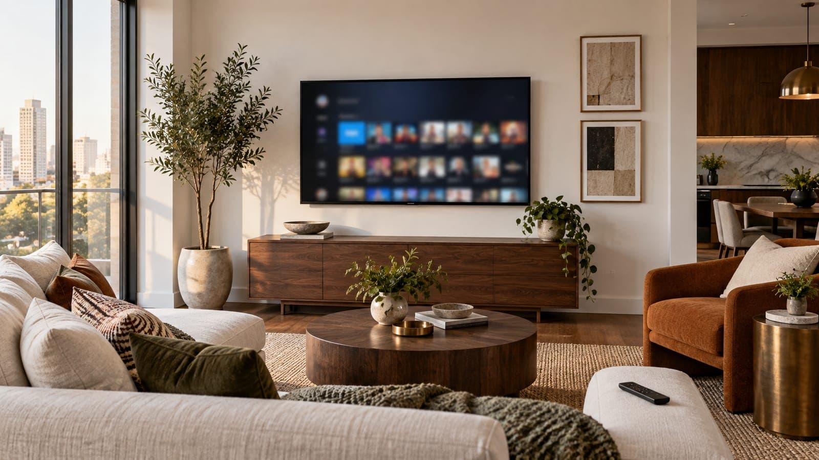 Wall-mounted TV in a rental living room showing a generic streaming home screen