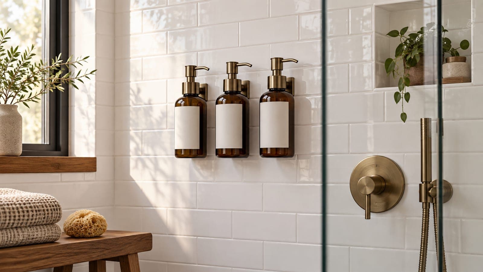 Three wall-mounted refillable dispensers in a white-tiled rental shower