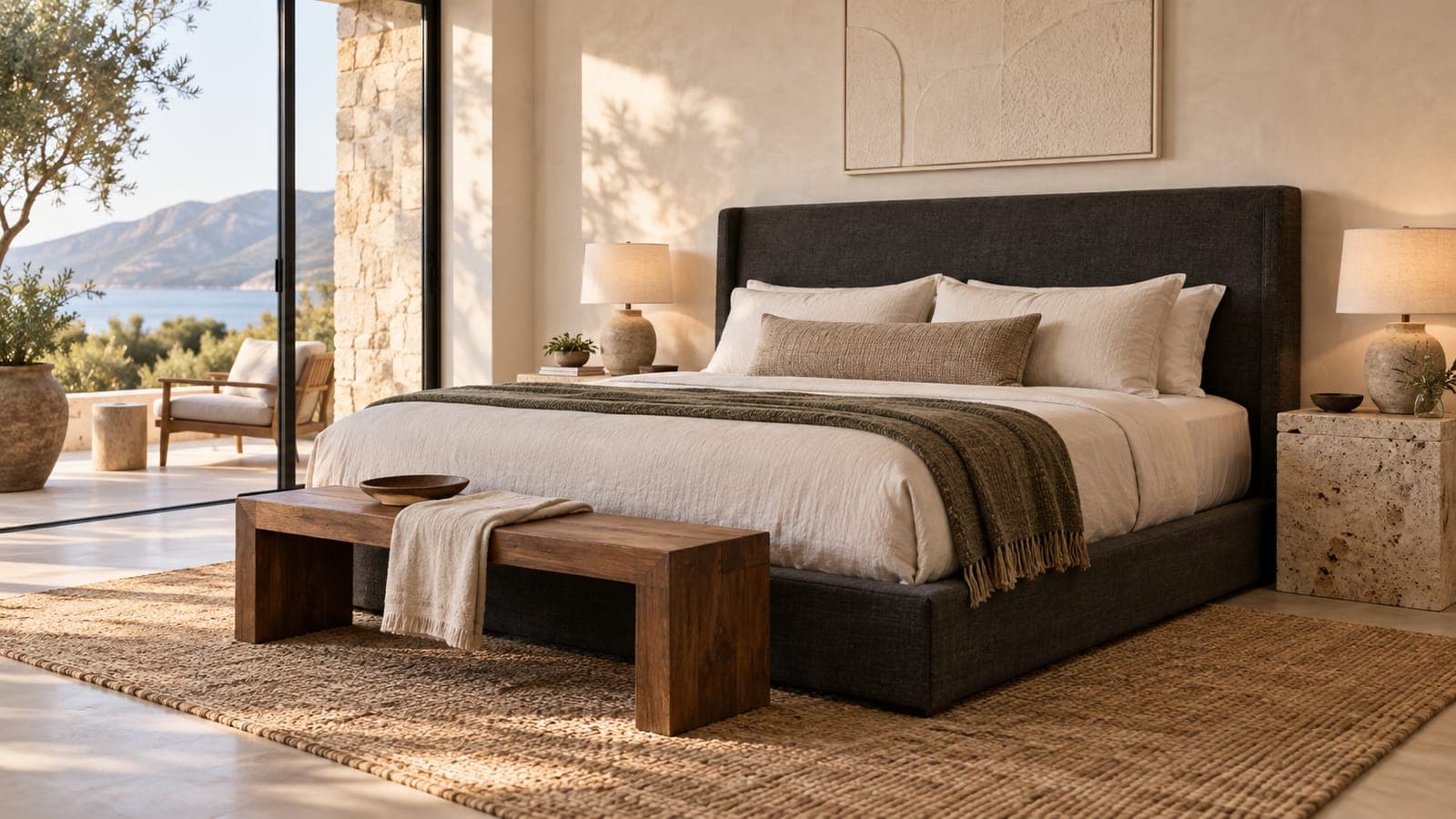 Upholstered platform bed frame with a tall headboard in a rental bedroom