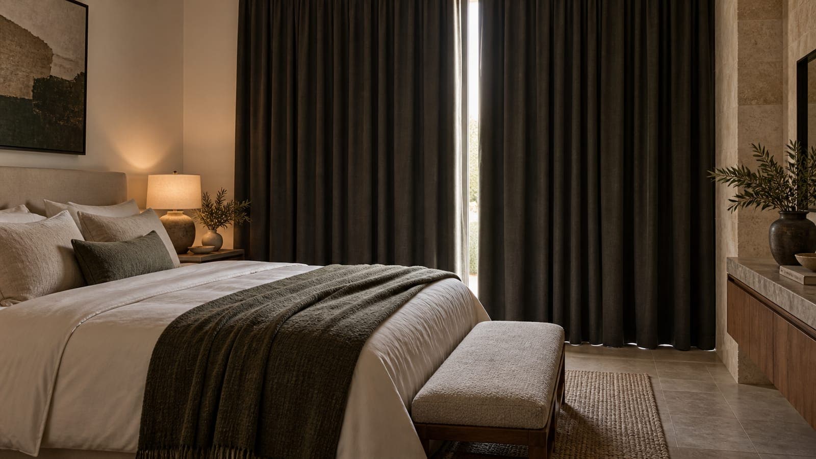 Charcoal blackout curtains drawn against bright daylight in a rental bedroom