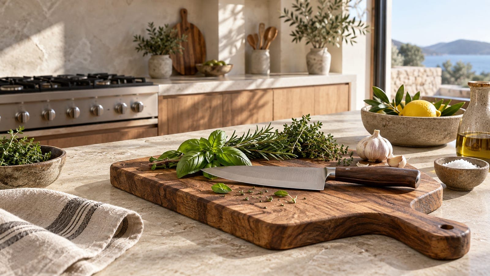 Chef's knife on a wooden cutting board in a rental kitchen