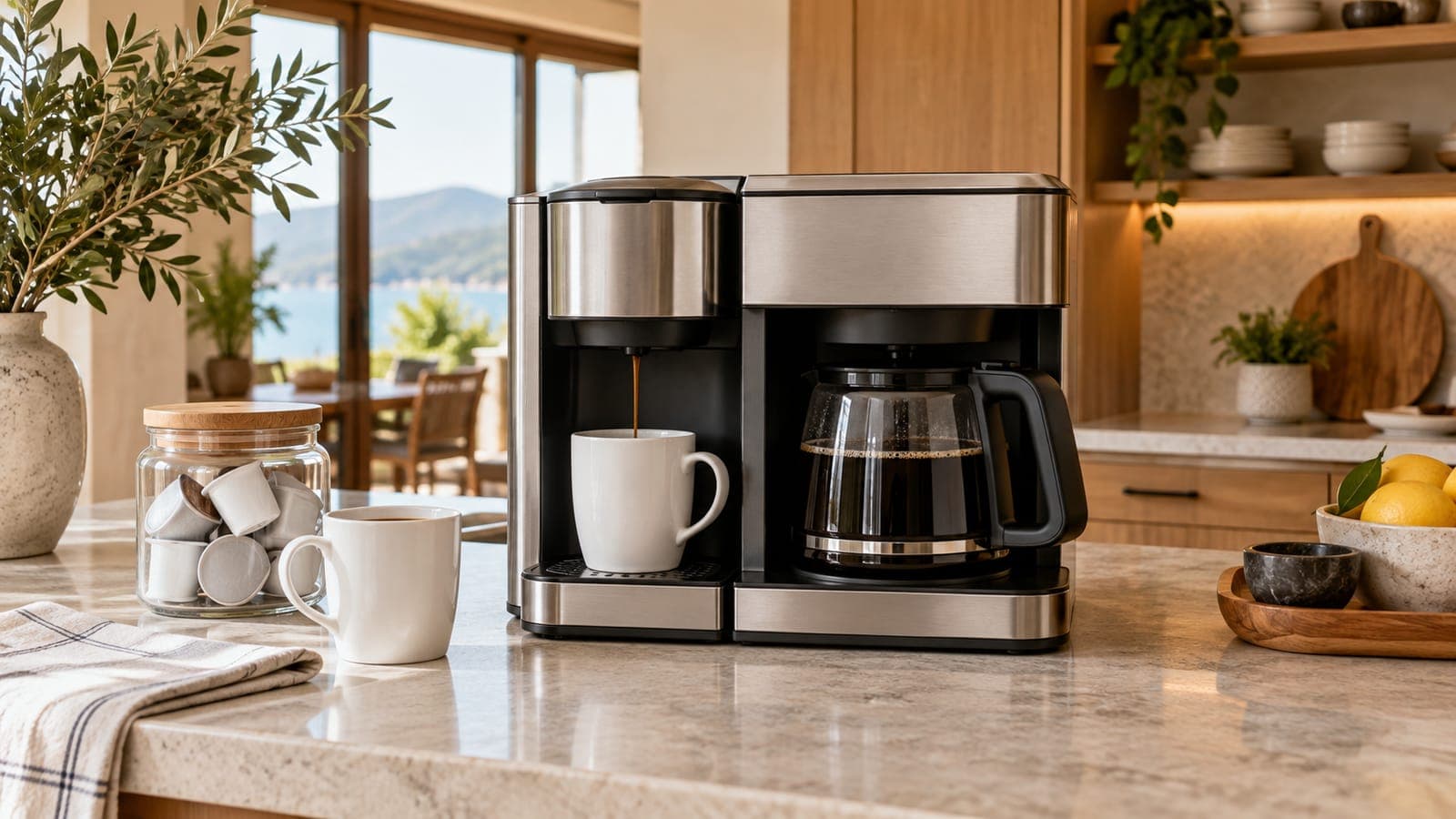 Dual-format coffee maker on a rental kitchen counter with mugs