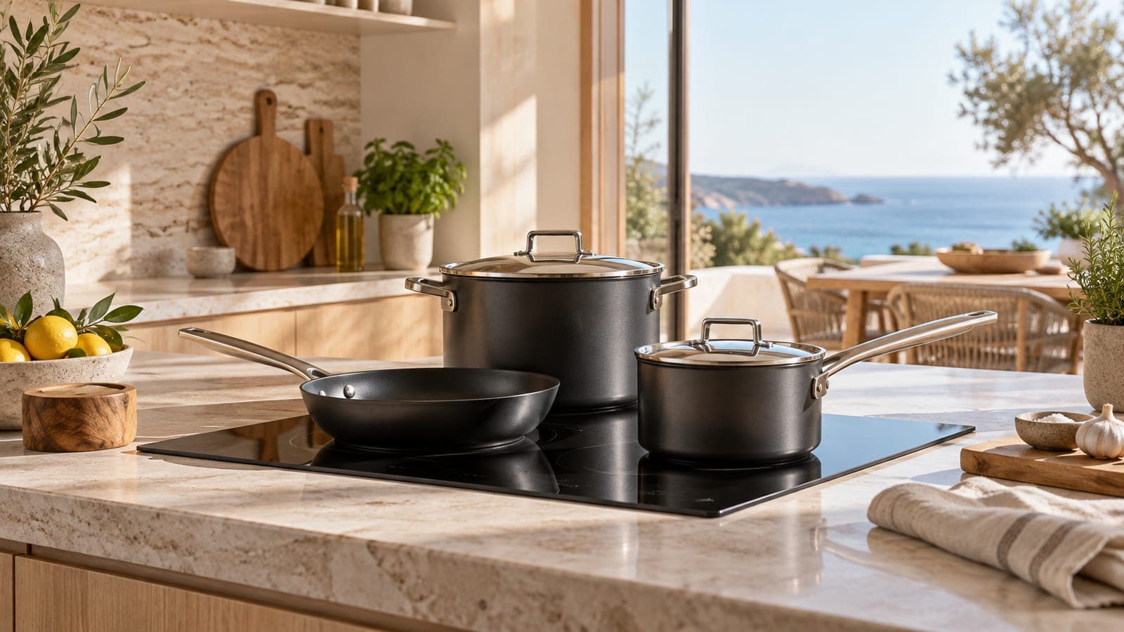 Hard-anodized fry pan, saucepan, and stock pot on a rental stove