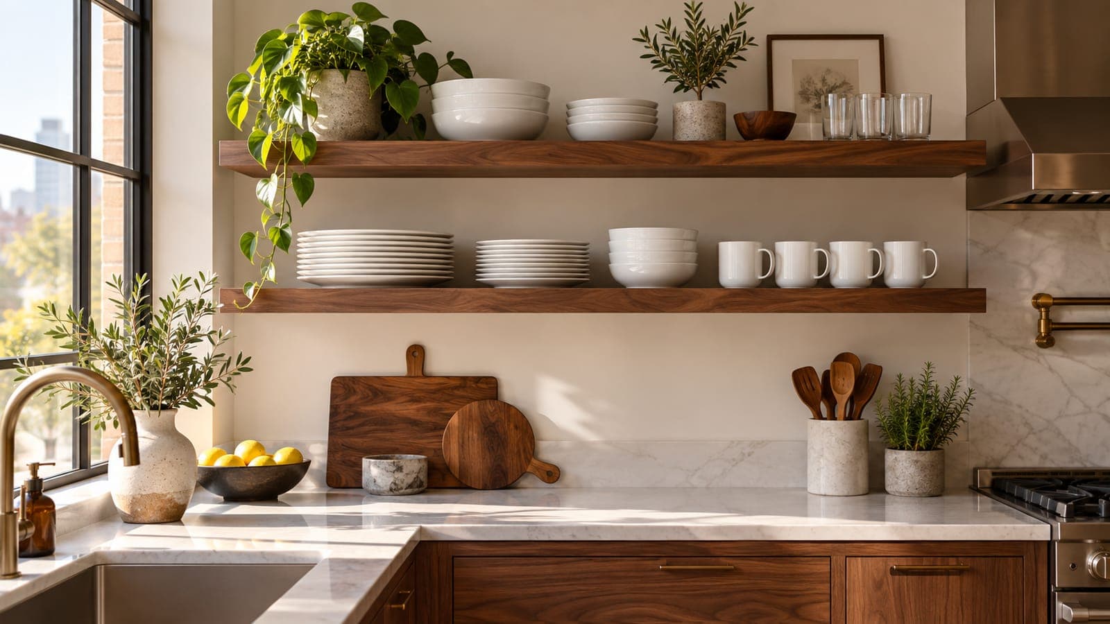 Stacked white chip-resistant plates and bowls in a rental kitchen