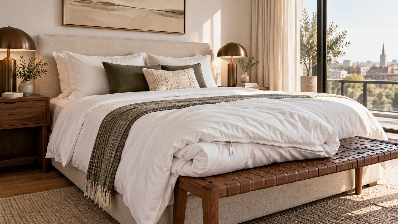 Fluffy white duvet in a zippered cover on a platform bed