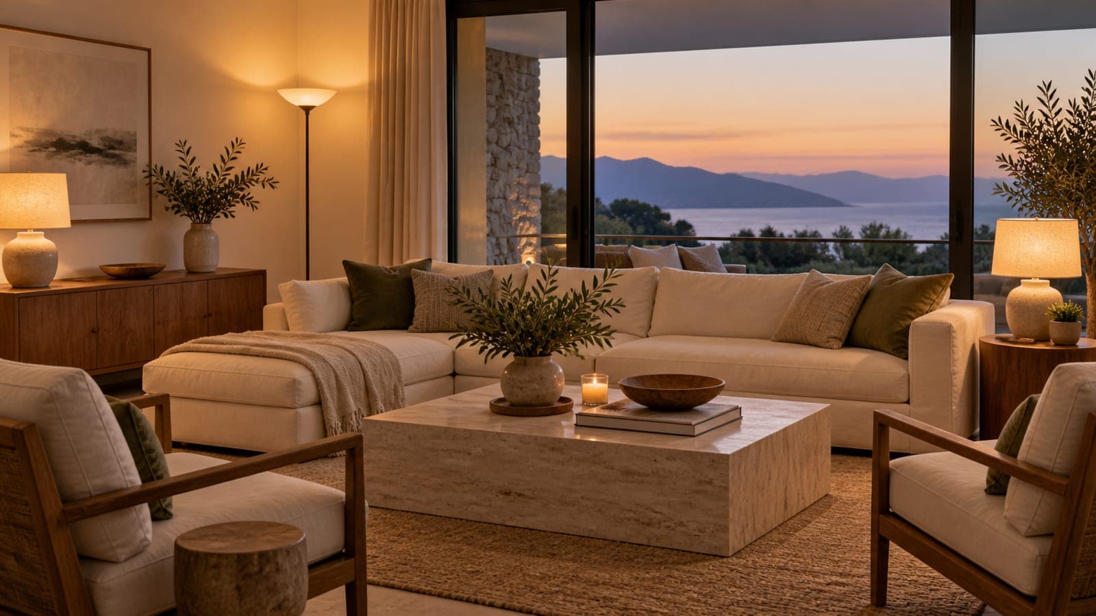 Warmly lit rental living room at dusk with floor lamp and table lamps on