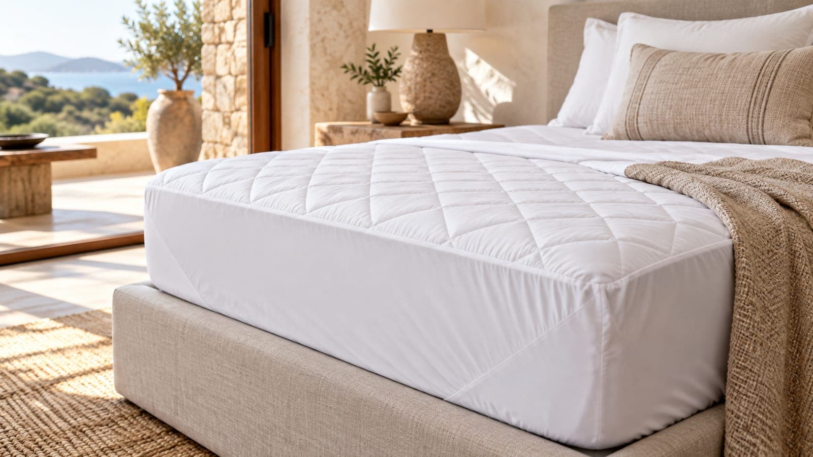 White waterproof mattress protector being fitted onto a rental mattress
