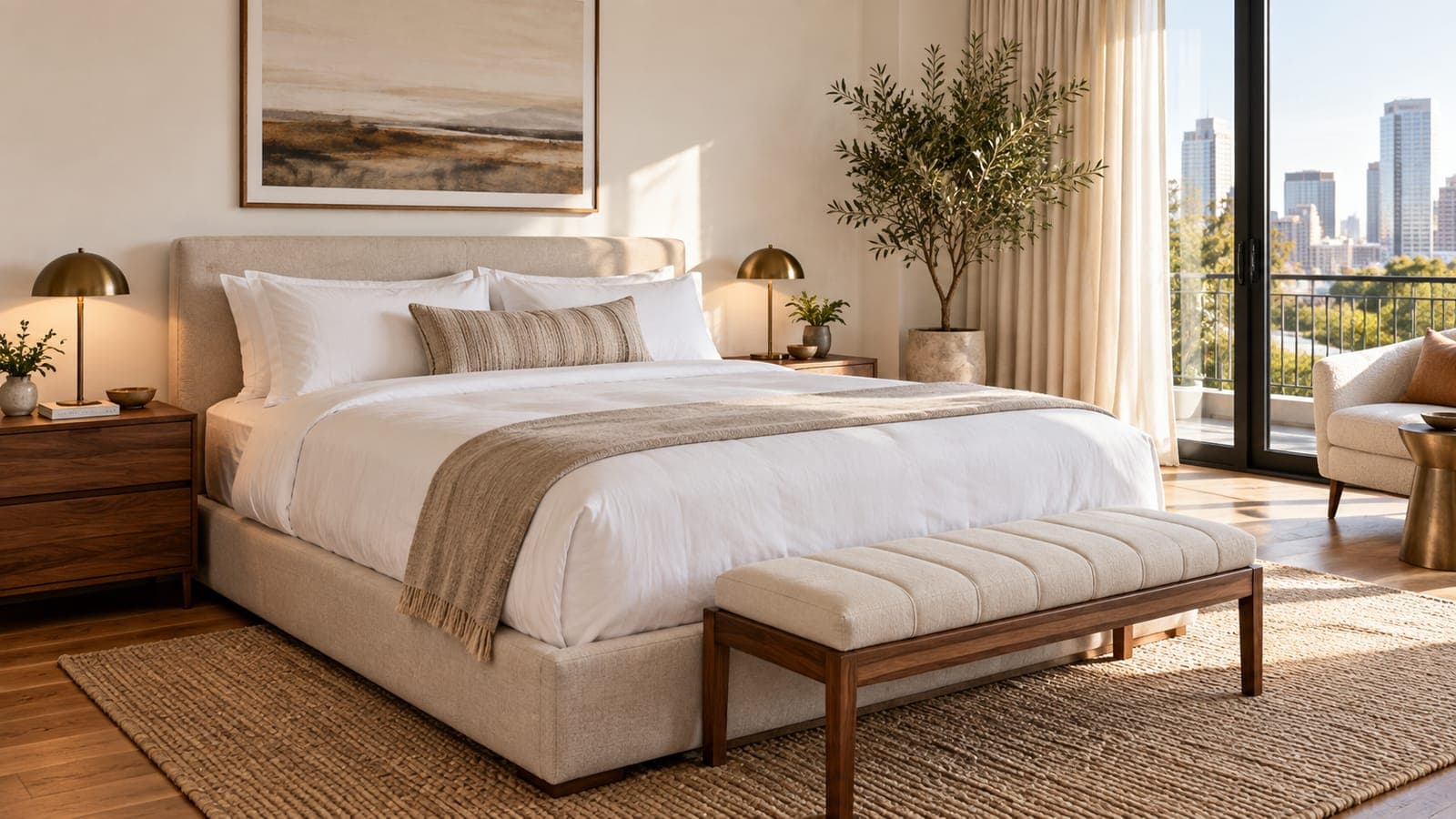 Hybrid mattress on a platform bed dressed in white hotel linens