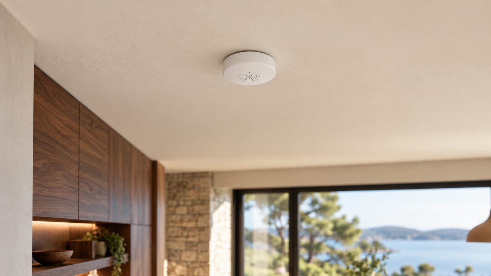 Small ceiling-mounted noise sensor in a rental living room