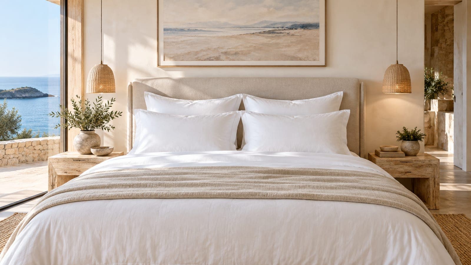 Four plush white pillows stacked on a rental bed