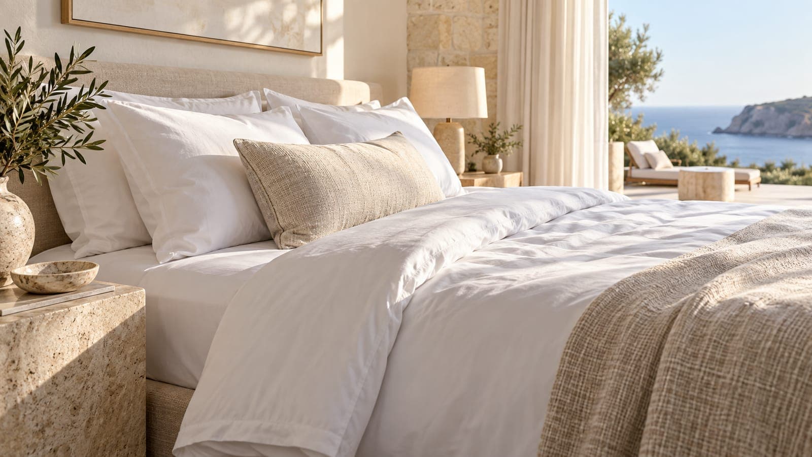 Crisp white percale sheets on a neatly made rental bed