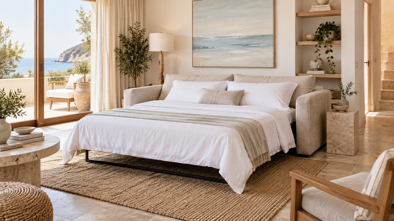 Sleeper sofa pulled out and made up with white linens in a rental living room