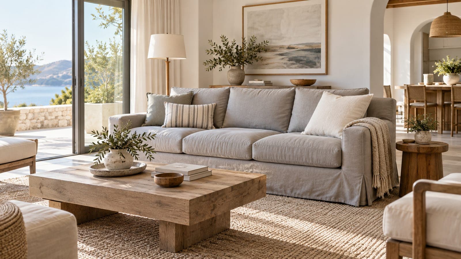 Slipcovered sofa with washable cover in a bright rental living room