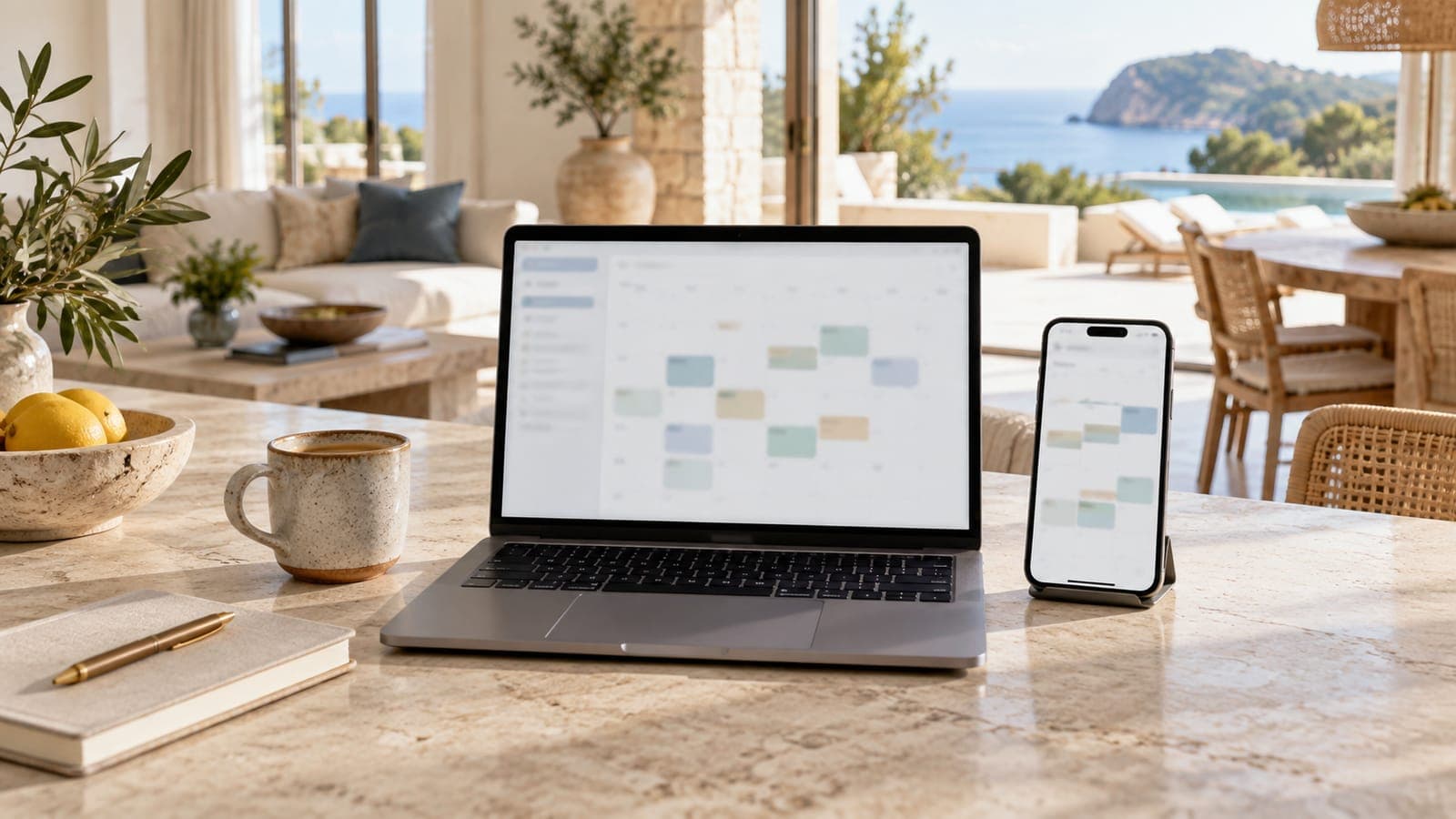 Host managing bookings on a laptop and phone at a kitchen table