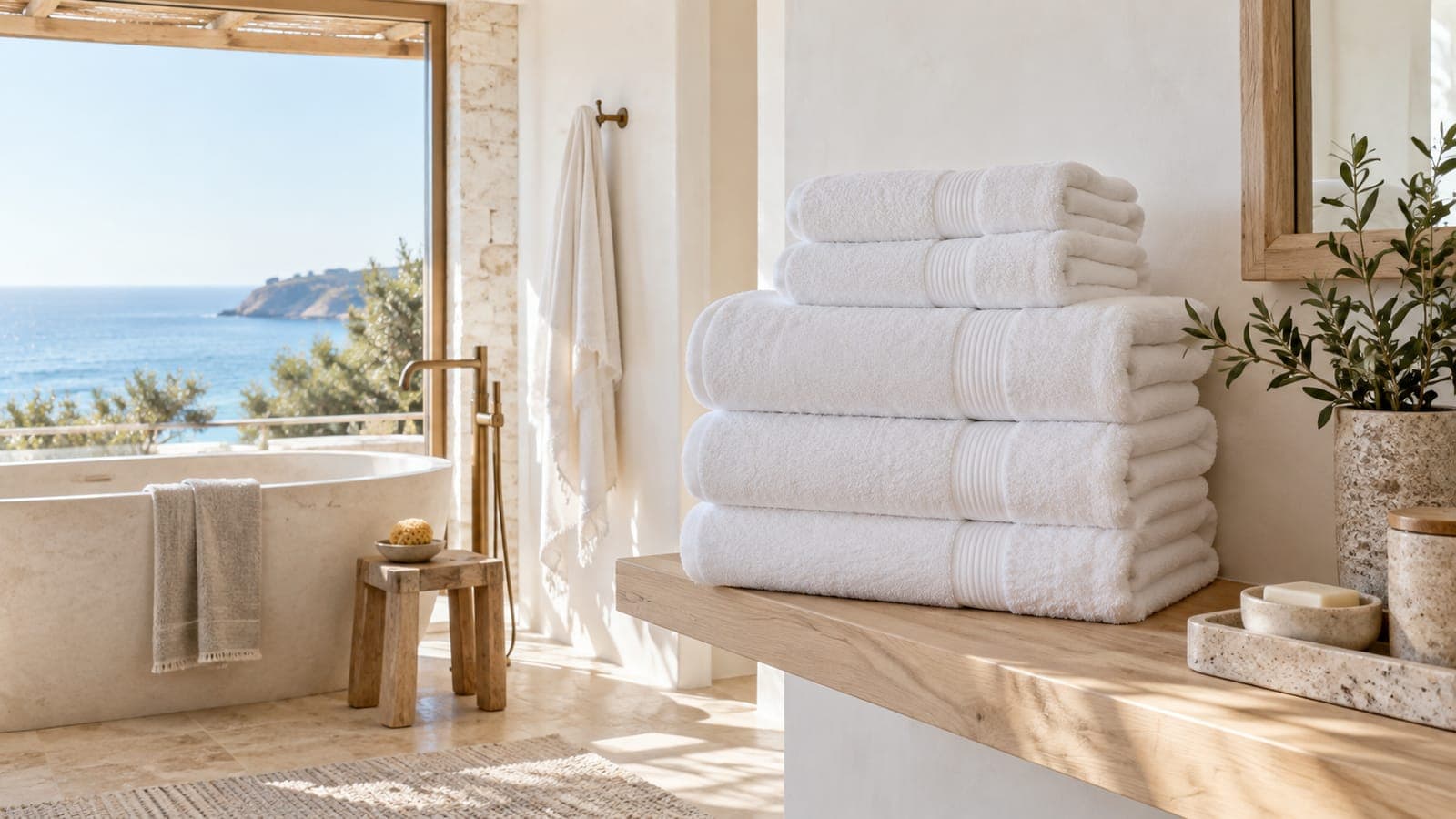 Stack of thick white bath towels on a bathroom shelf