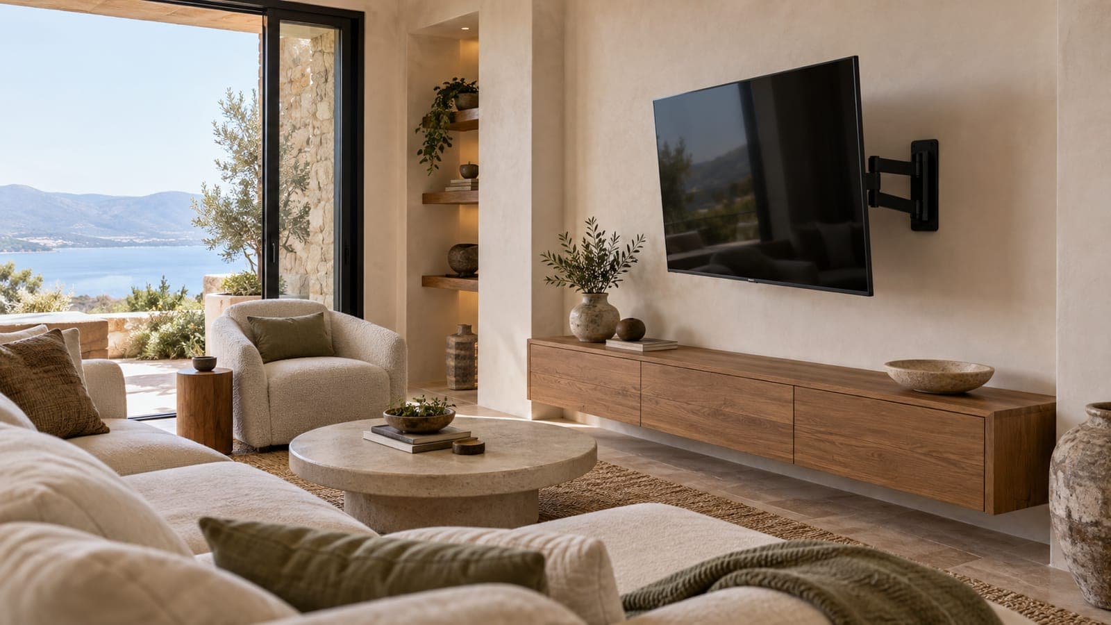Wall-mounted TV on a full-motion arm angled toward a rental sofa