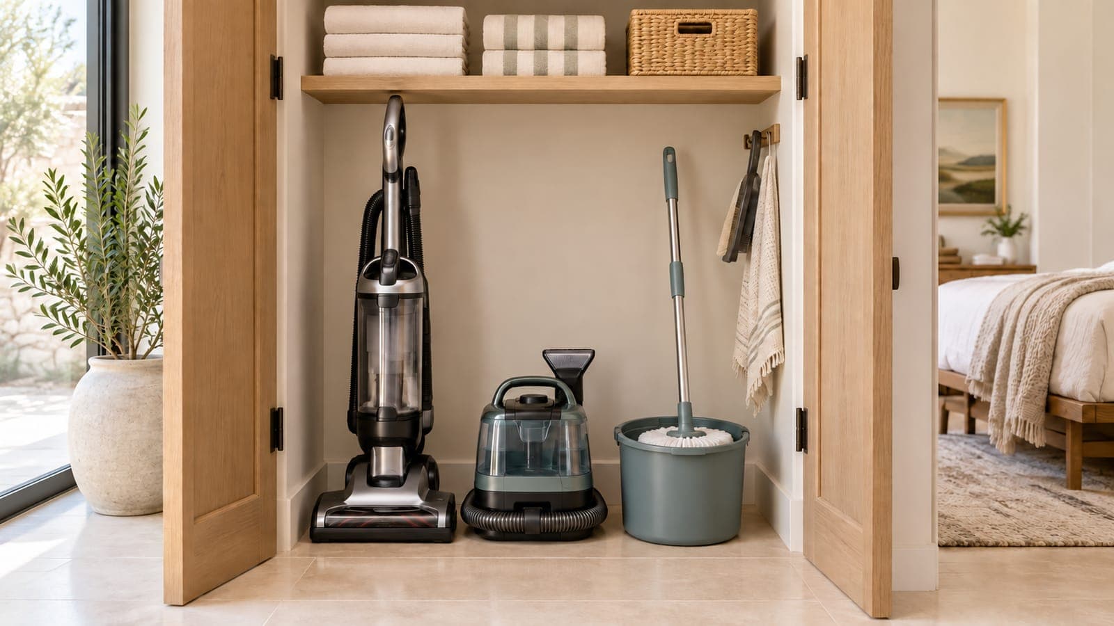 Upright vacuum, portable stain extractor, and spin mop in a rental utility closet