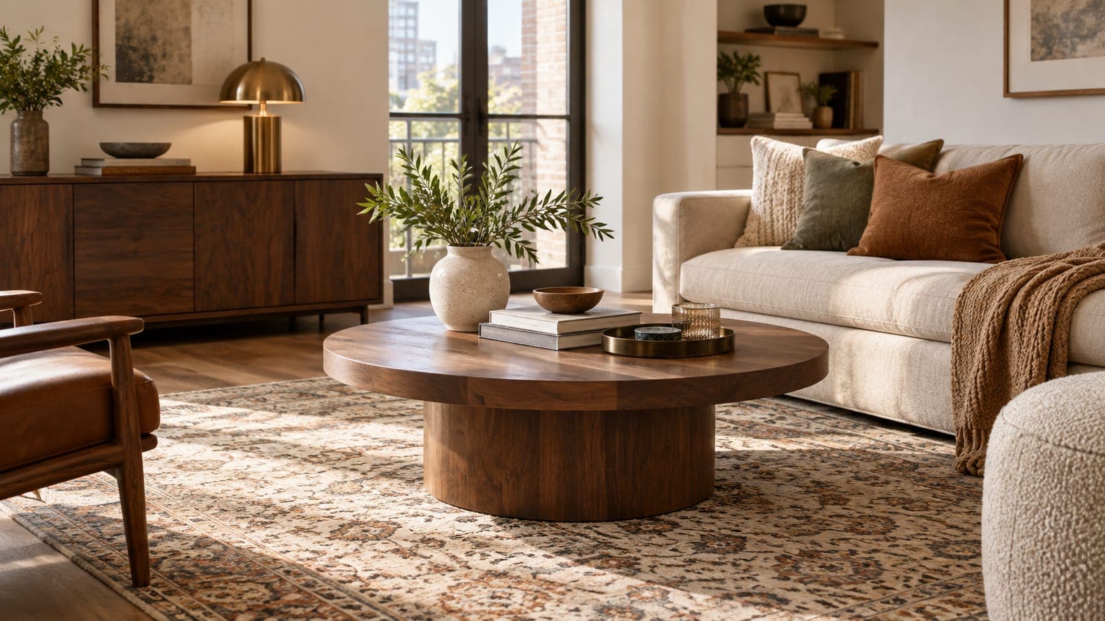 Patterned washable rug under a coffee table in a rental living room