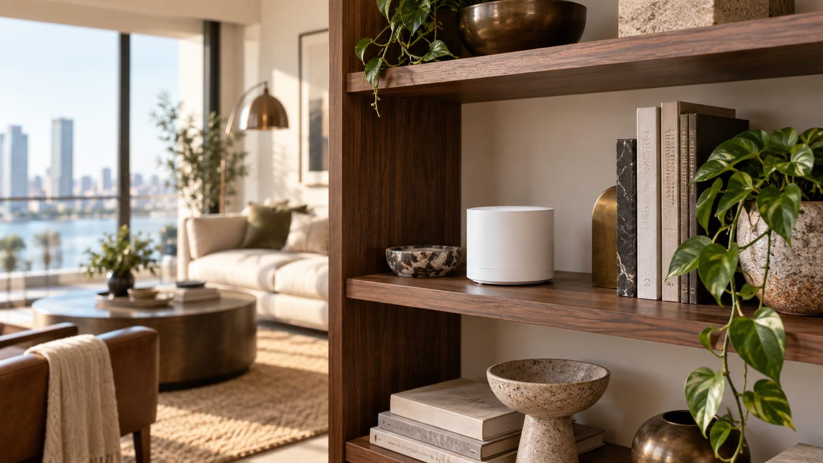 Mesh WiFi node on a bookshelf in a rental living room