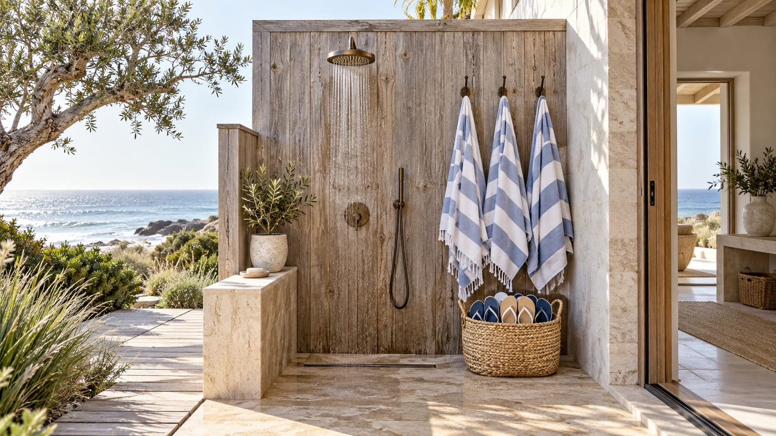 Beach house rental entry with an outdoor shower, sandy flip-flops, and a towel rack