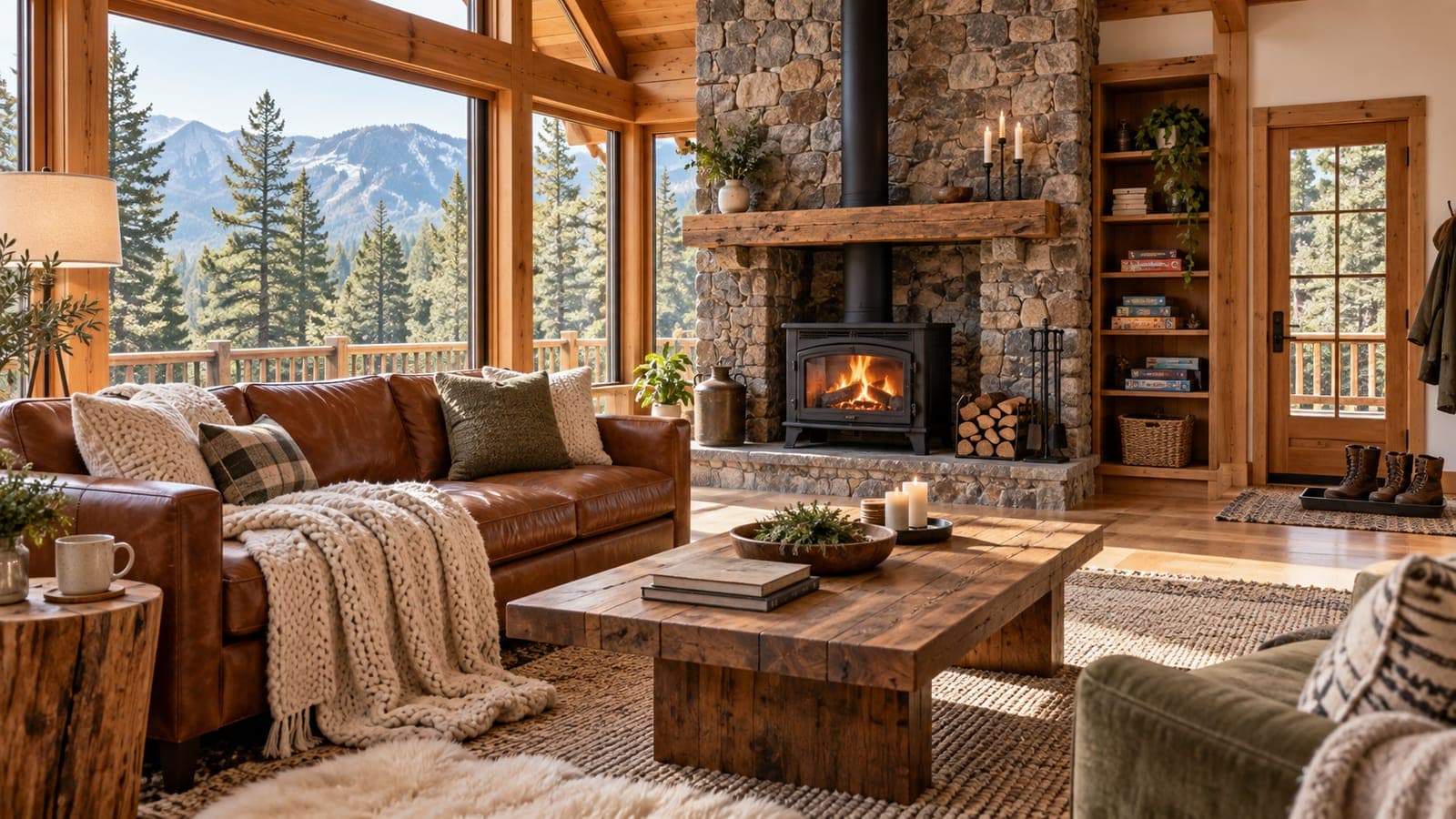 Cozy cabin rental living room with a wood stove, throws, and a boot tray by the door