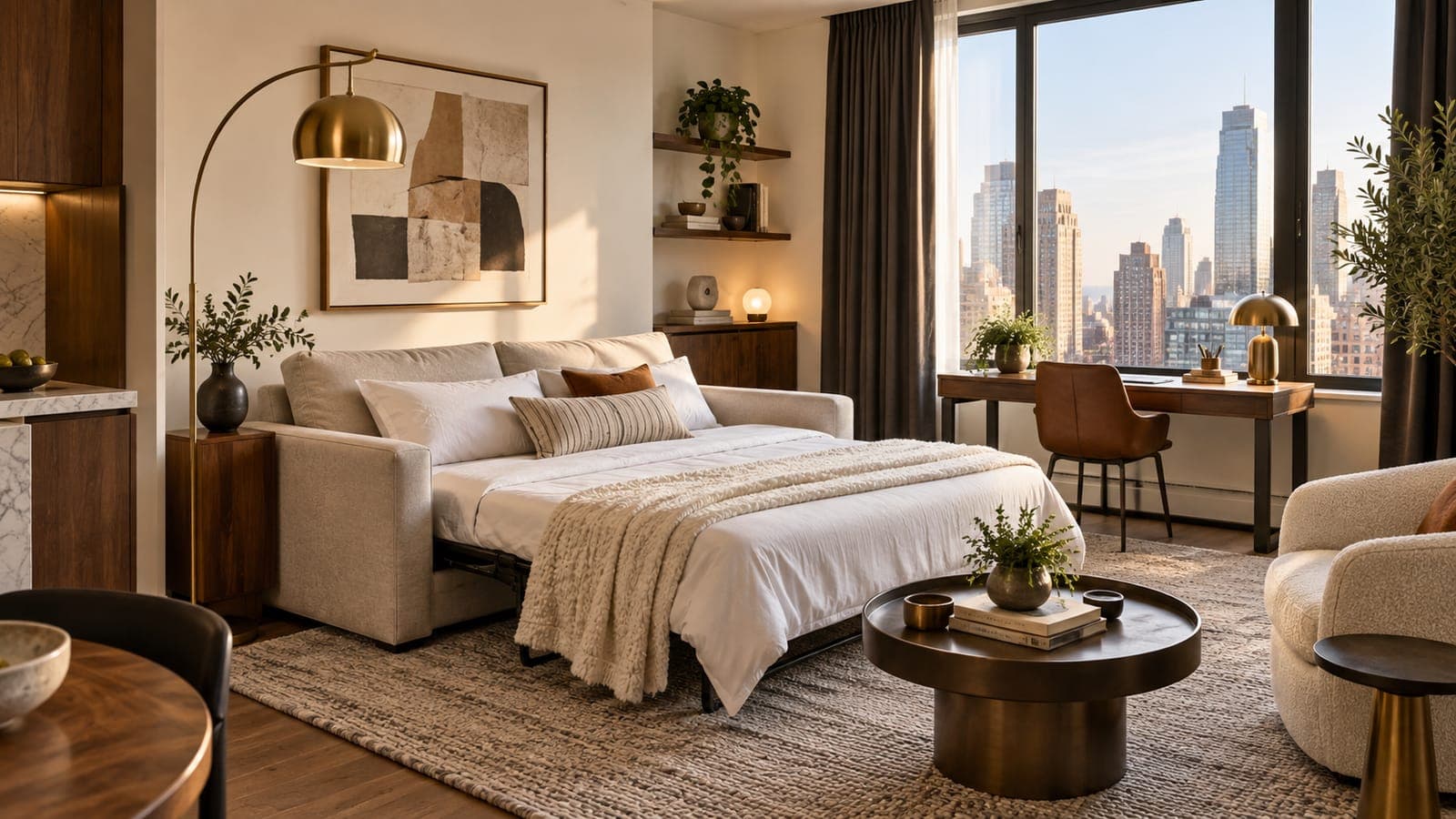 City apartment rental with a compact desk, sleeper sofa, and blackout curtains