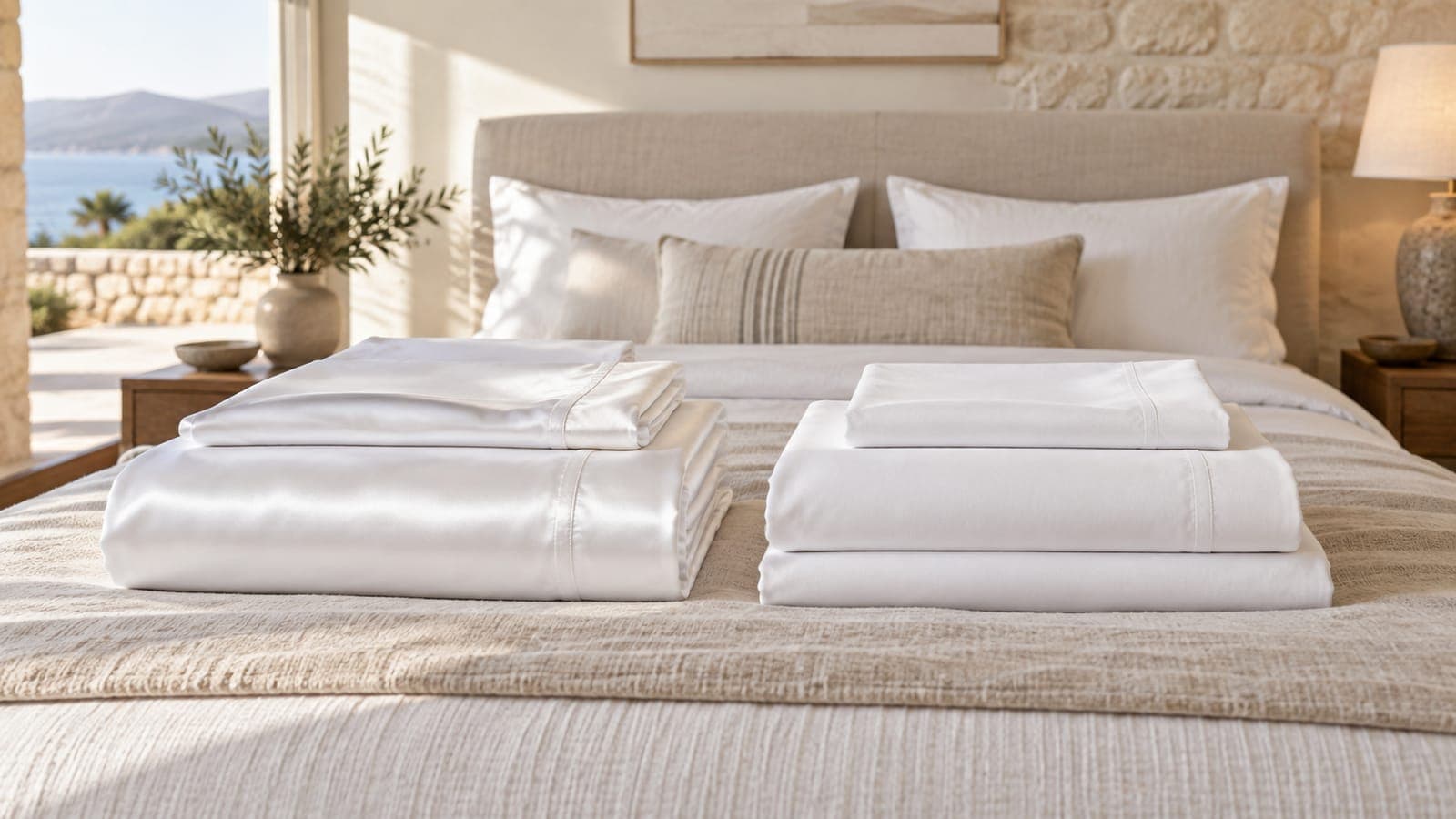 Two folded white sheet sets side by side, one sateen and one percale