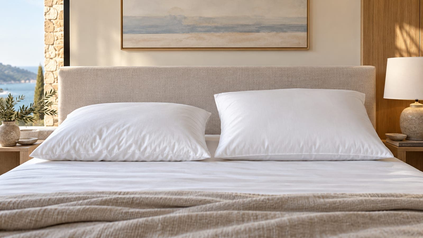 Two different white pillows side by side on a bed