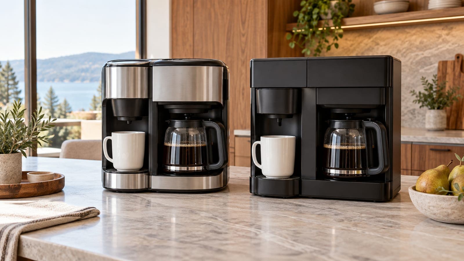 Two coffee makers side by side on a kitchen counter