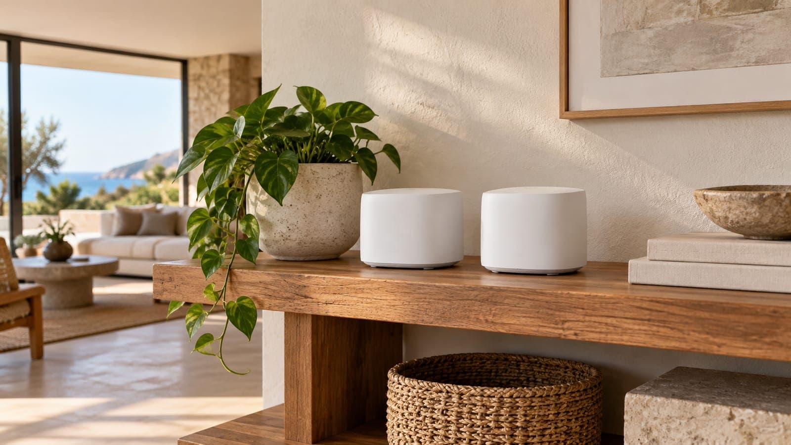 Two mesh WiFi nodes side by side on a shelf