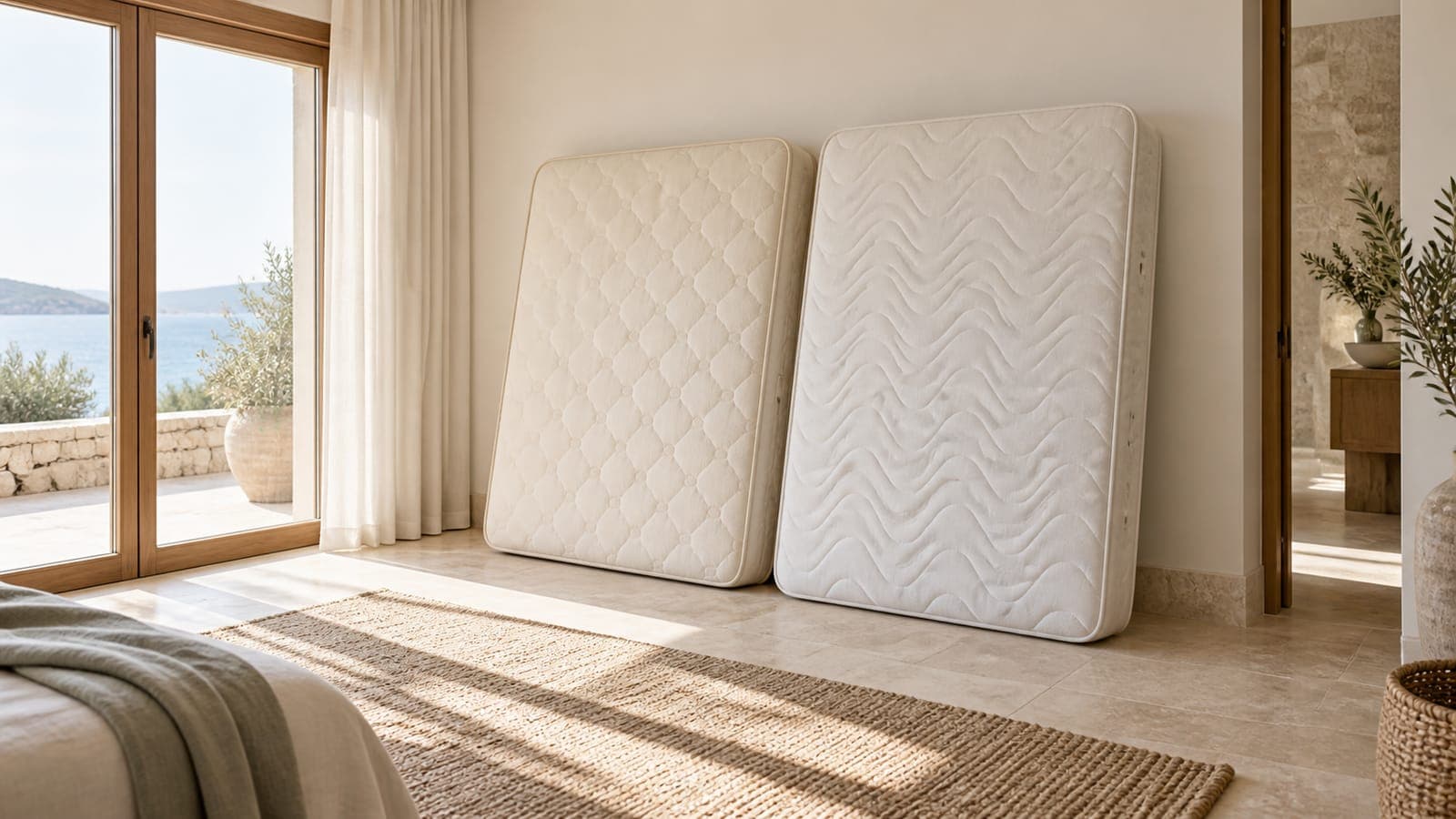 Two mattresses leaning side by side in a bright bedroom
