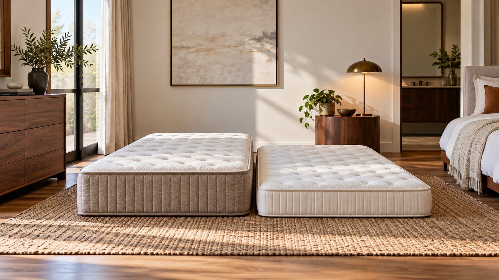Hybrid mattress and innerspring mattress side by side in a bright bedroom