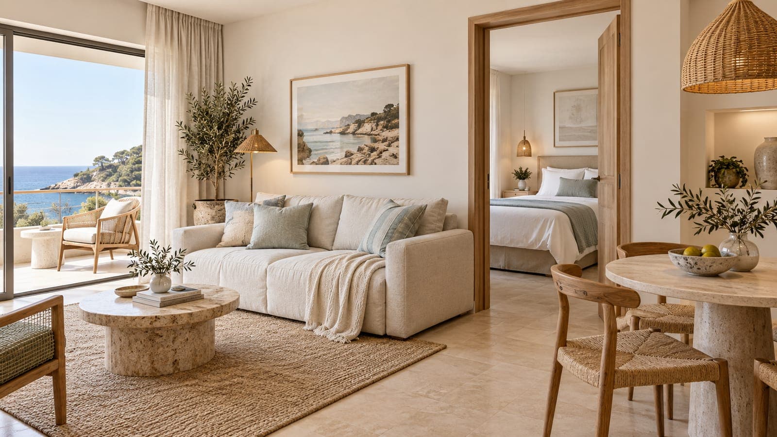 Furnished one-bedroom rental apartment seen from the living area