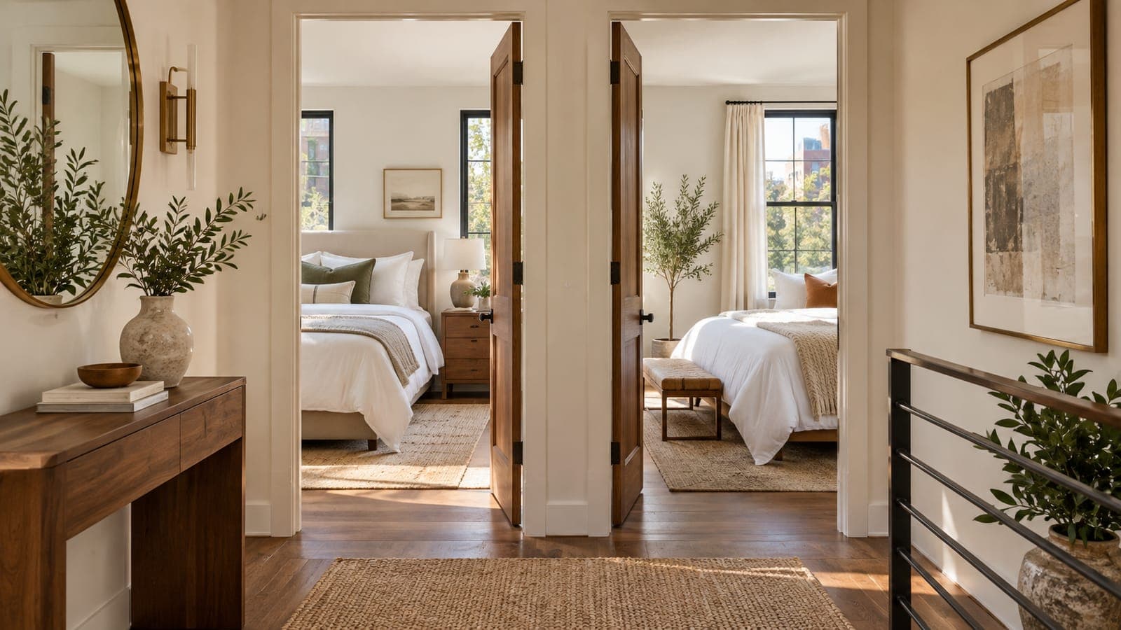 Hallway of a two-bedroom rental with both bedroom doors open