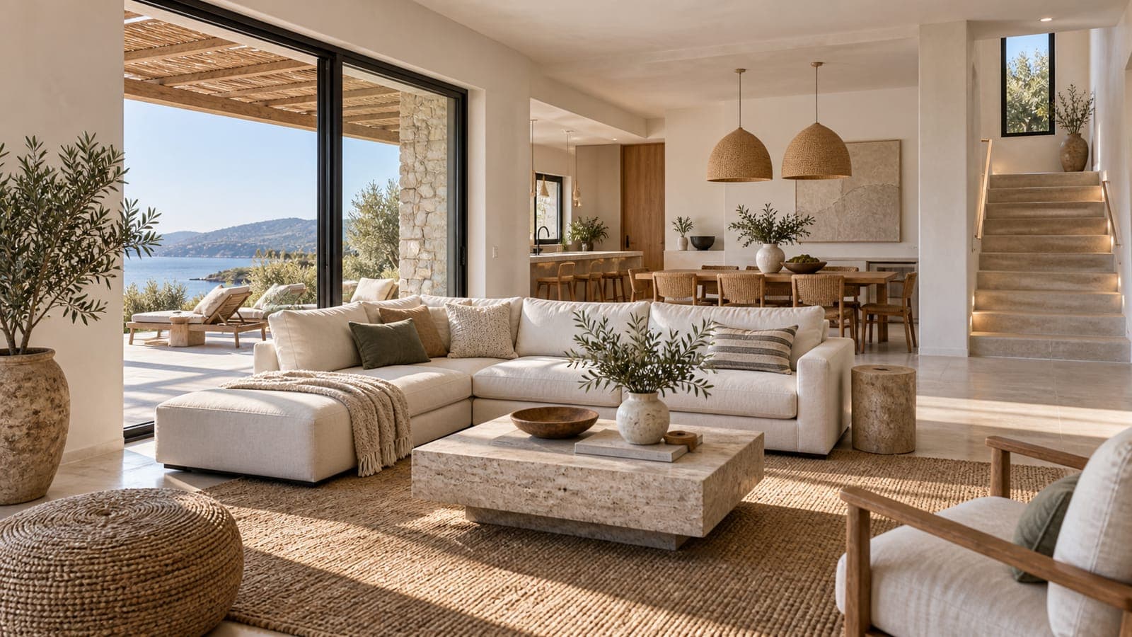 Large rental living room sized for a group with a sectional and big dining table
