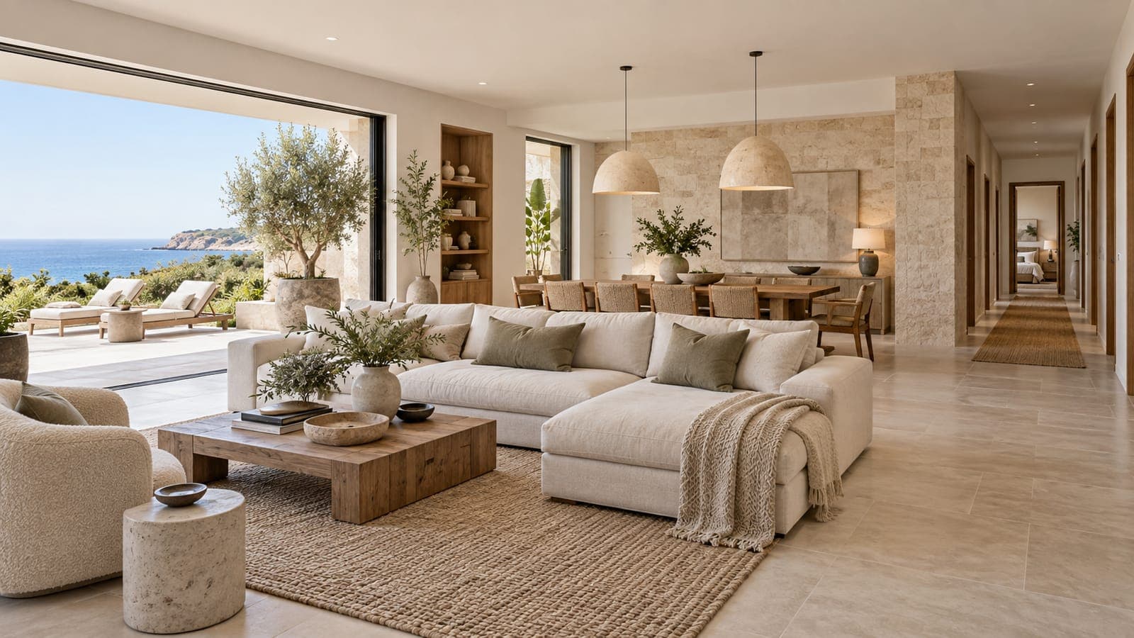 Exterior and living room of a large four-bedroom rental house